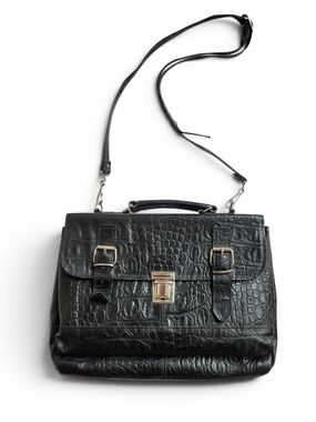 Vintage Italy Croc Embossed Leather Satchel Top Handle Crossbody Dark Academia